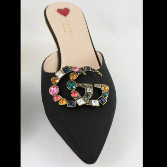 Gucci NIB Black Fabric Unia Crystal Logo Vamp Bamboo Heel Mules Shoes Sz 39 US 9 - Picture 7 of 7